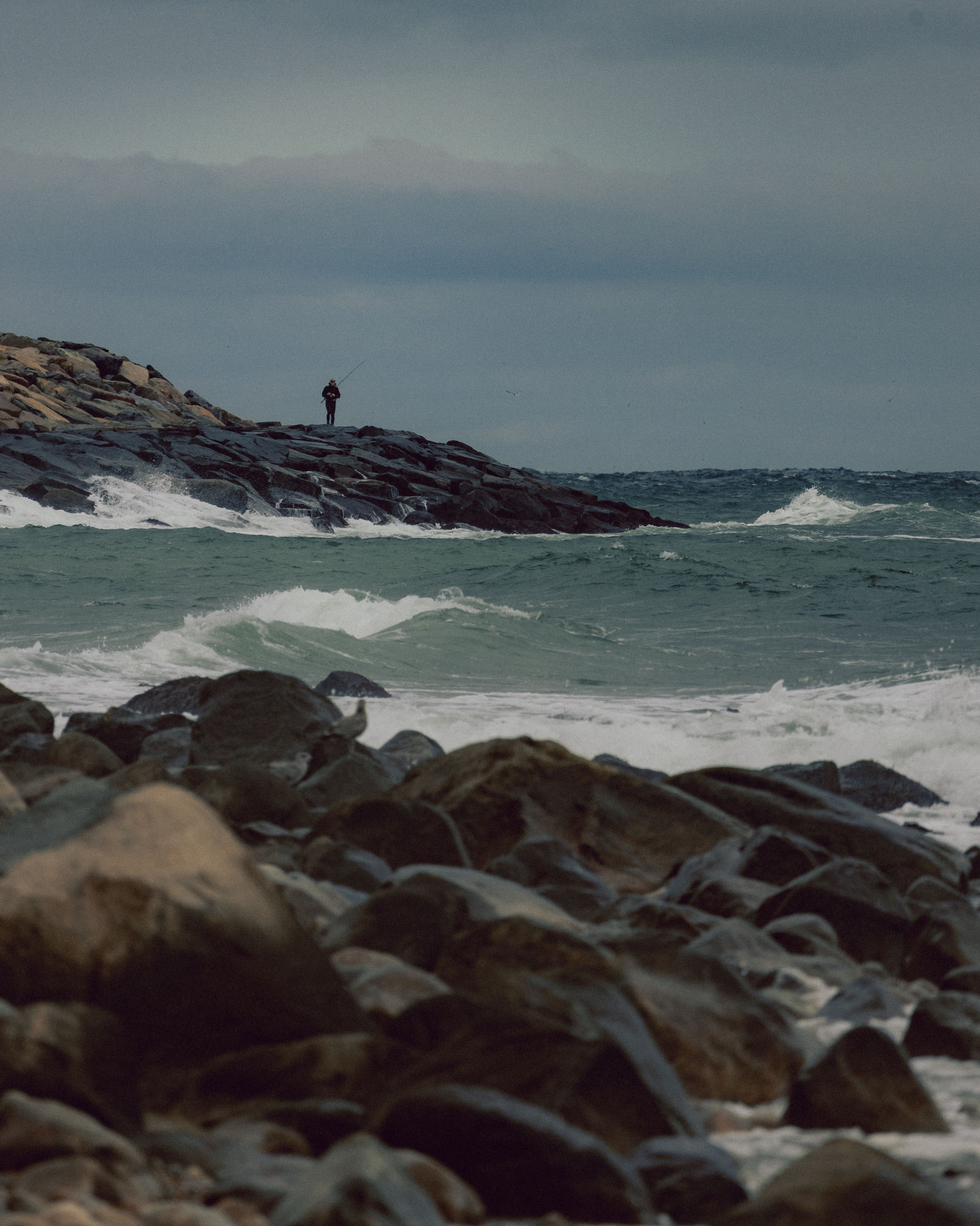 Solitary Figure Fishing on Rocky Ocean Shore · Free Stock Photo