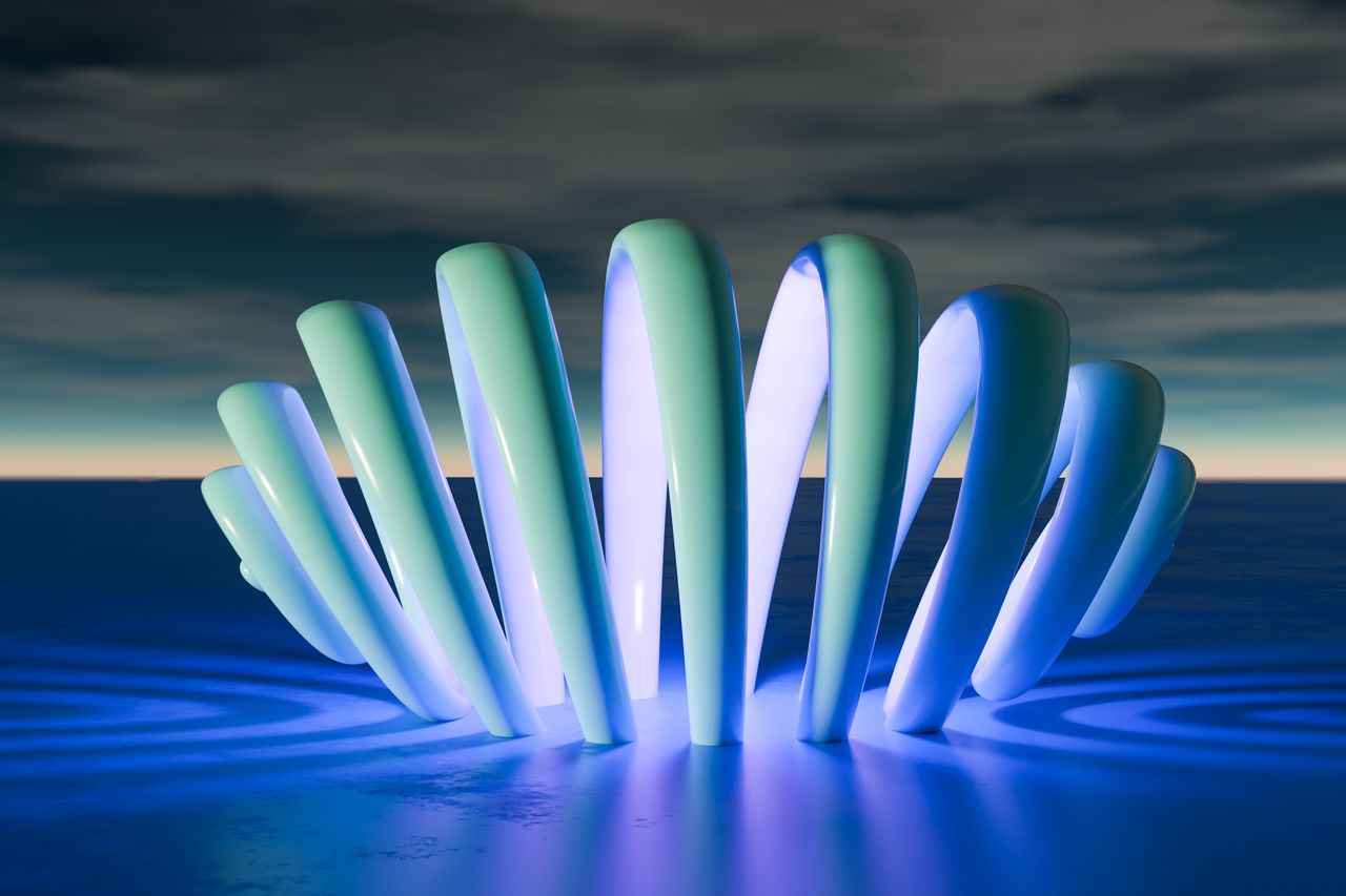 a vibrant 3d abstract sculpture with glowing lights against a twilight