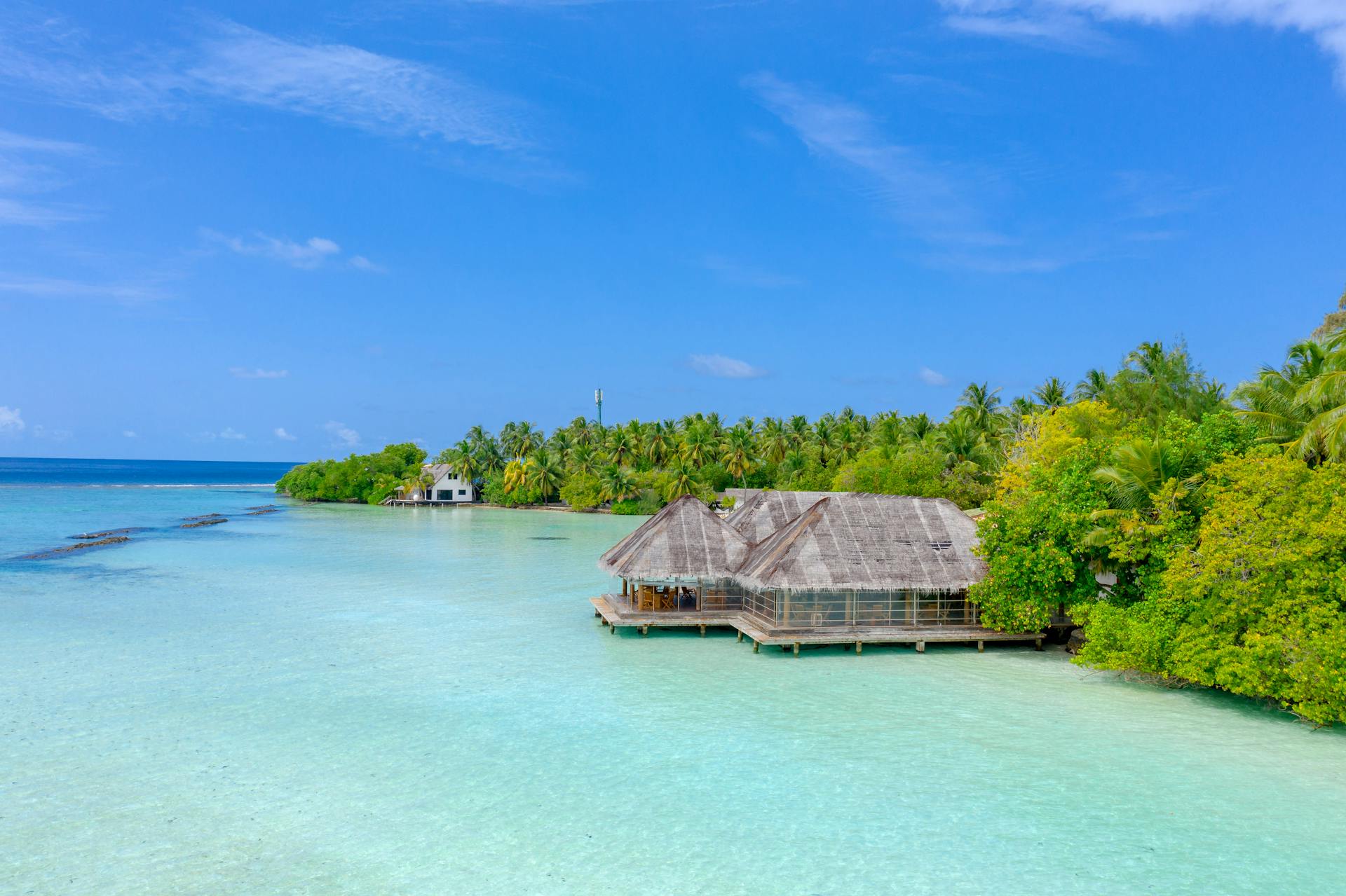 A tranquil overwater bungalow surrounded by azure waters and lush greenery in the Maldives.