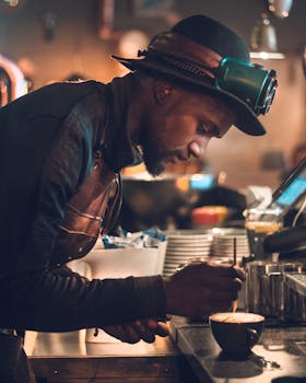 Artisan barista skillfully preparing coffee in a cozy Cape Town café.