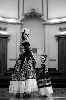 A mother and child in traditional Catrina costumes celebrate Day of the Dead in Mexico City.