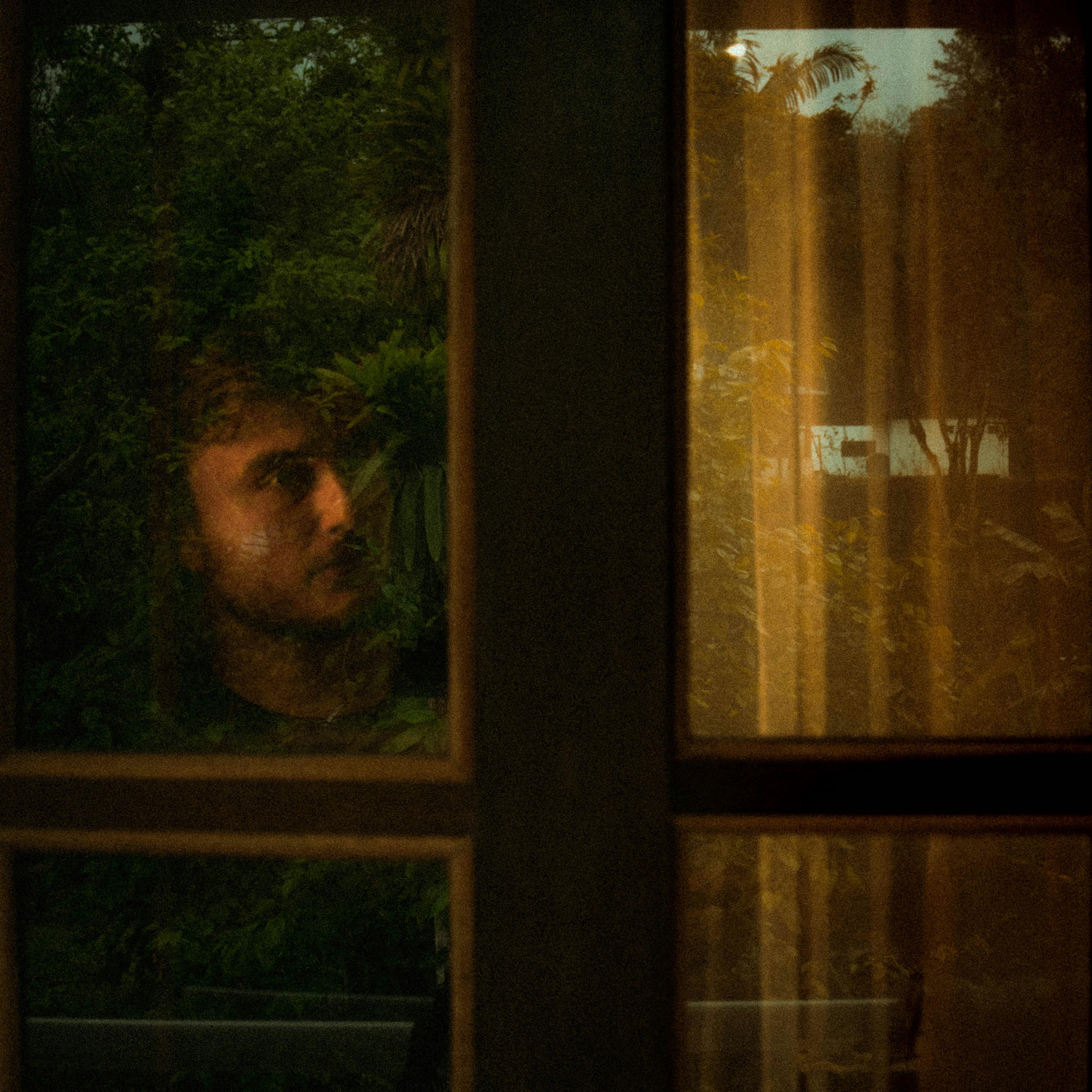 reflective portrait through a window pane