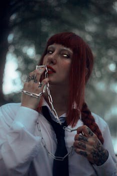 Mysterious person with chains and tattoos standing in a forest.