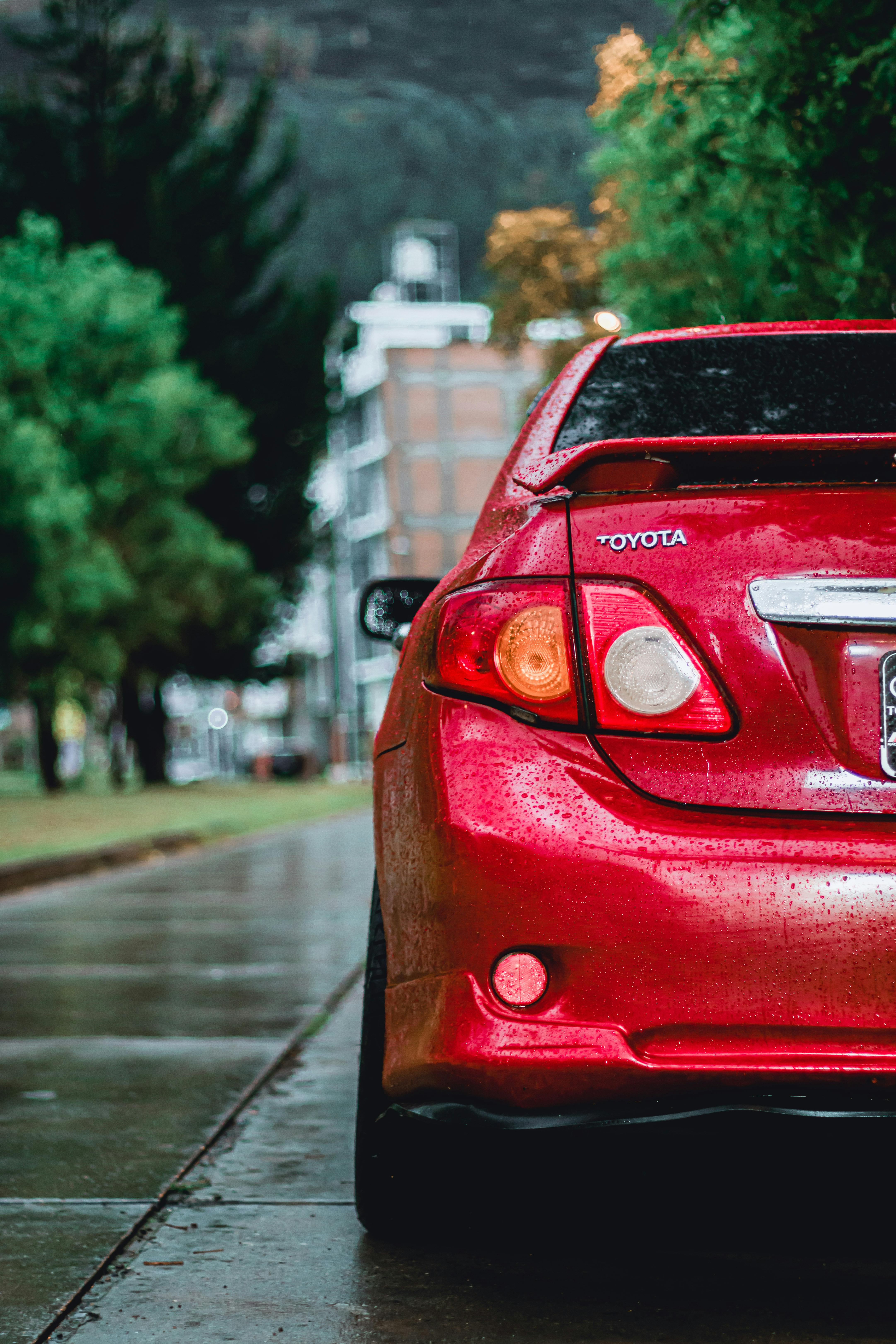 Free Closeup of a red car's rear end on wet urban street. Modern vehicle in a rainy city setting. Stock Photo