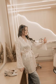 Stylish woman in a luxurious salon wearing a silk robe and holding perfume.