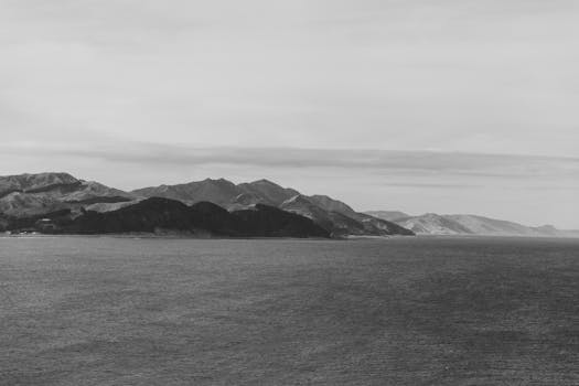 Black and white coastal view of the North Island, New Zealand, showcasing mountains and ocean.