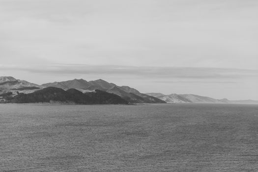 Black and white photo of New Zealand coastline with mountains and calm sea.