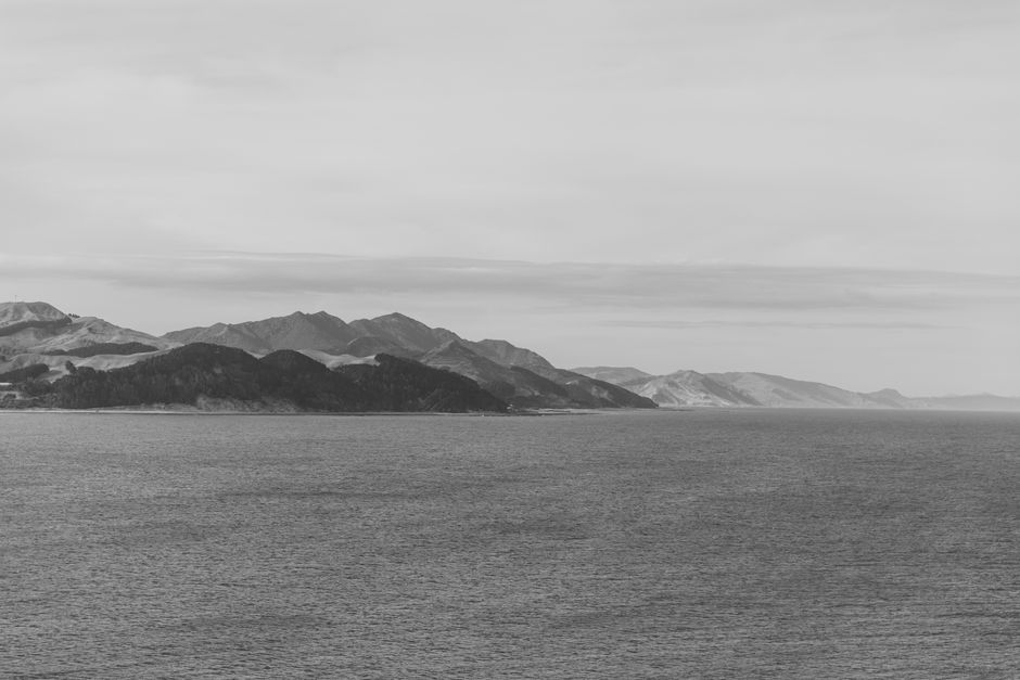 Black and white photo of New Zealand coastline with mountains and calm sea.