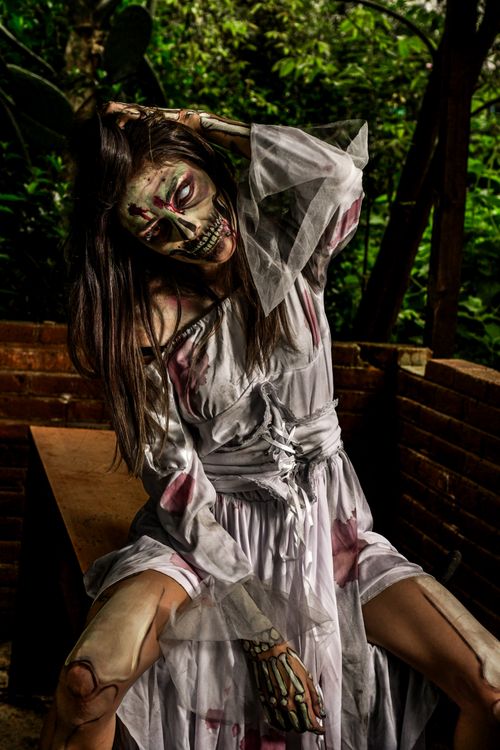 Free A haunting scene featuring a woman in zombie makeup and tattered costume in a forest setting. Stock Photo