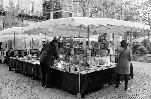 Free Monochrome photo of people browsing books at an outdoor market. Stock Photo