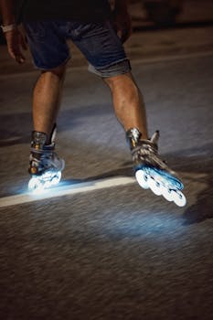 Person rollerblading at night with glowing wheels, street photography.