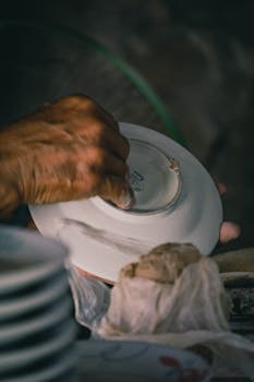 A detailed view of hands scrubbing a plate in dim lighting, showcasing daily chores.