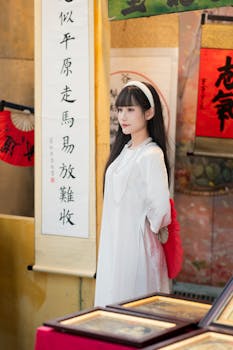 Young woman in traditional attire surrounded by Asian cultural elements and scrolls.