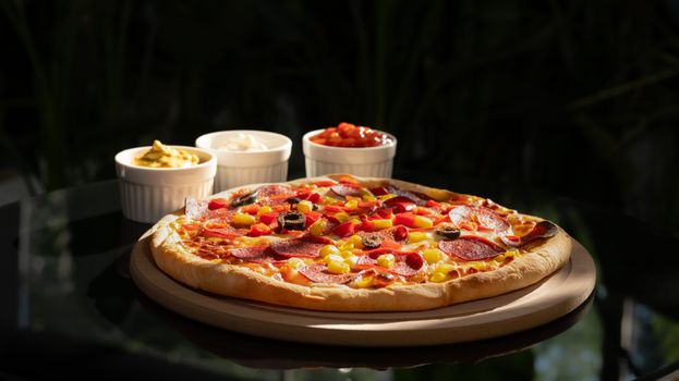 Savor a pepperoni pizza accompanied by various dips and toppings.