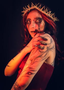 Dramatic portrait of a woman with gothic Halloween makeup and spiked crown against a dark background.