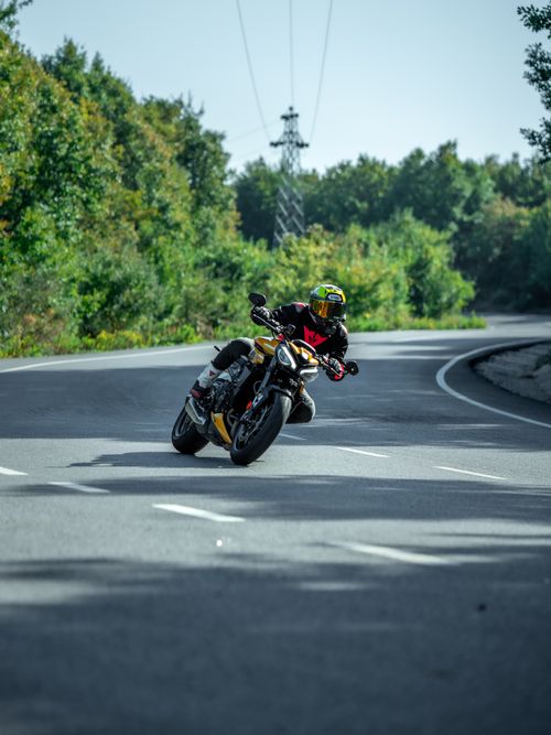 Free Motorcyclist in gear leaning into a sharp curve on an empty forest road with lush greenery. Stock Photo
