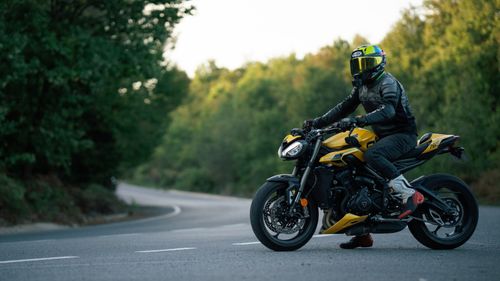 Free Motorcyclist riding a yellow sports bike on a scenic road surrounded by trees. Stock Photo