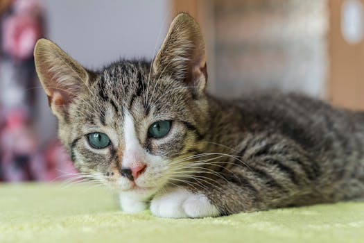 A cute tabby kitten lying on a soft surface indoors, looking curious and relaxed.