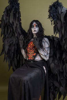 A captivating dark angel cosplay with dramatic makeup and costume. Perfect for Halloween themes.