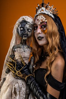 Artistic makeup depicting a spooky Halloween theme with a gothic doll.