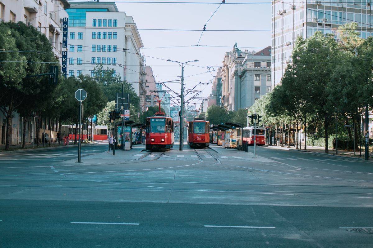 Belgrade tram traveling on city rails