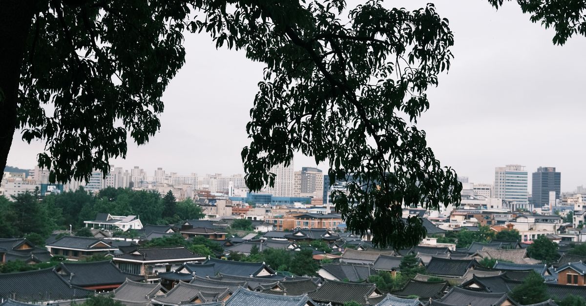 View of Jeonju Hanok Village surrounded by greenery and cityscape.
