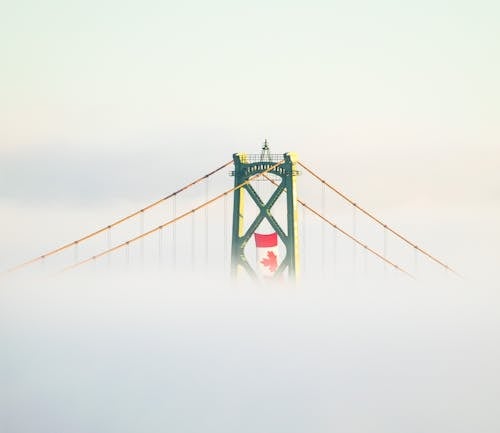 The Canadian Flag Hangs Above A Suspension Bridge