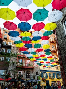 assorted color opened umbrella hangs on display