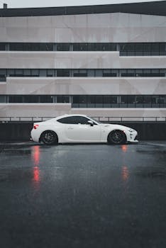White sports car parked on a rainy day against an urban backdrop with modern architecture.