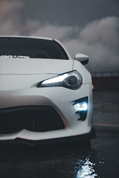 Moody and stylish photograph of a white sports car on a rainy night.