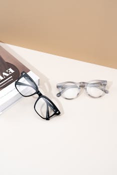 Pair of modern eyeglasses on a beige surface, perfect for fashion and design themes.
