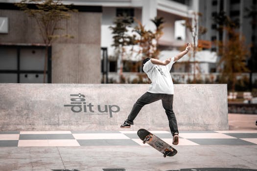 A skateboarder executes a dynamic trick in a modern urban skatepark, showcasing skill and energy.