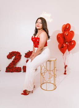 A young woman posing with red heart balloons and floral decor for a birthday celebration.