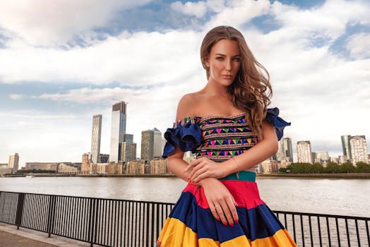 河边城市风景中，一位穿着时髦、充满活力的女人站在那里