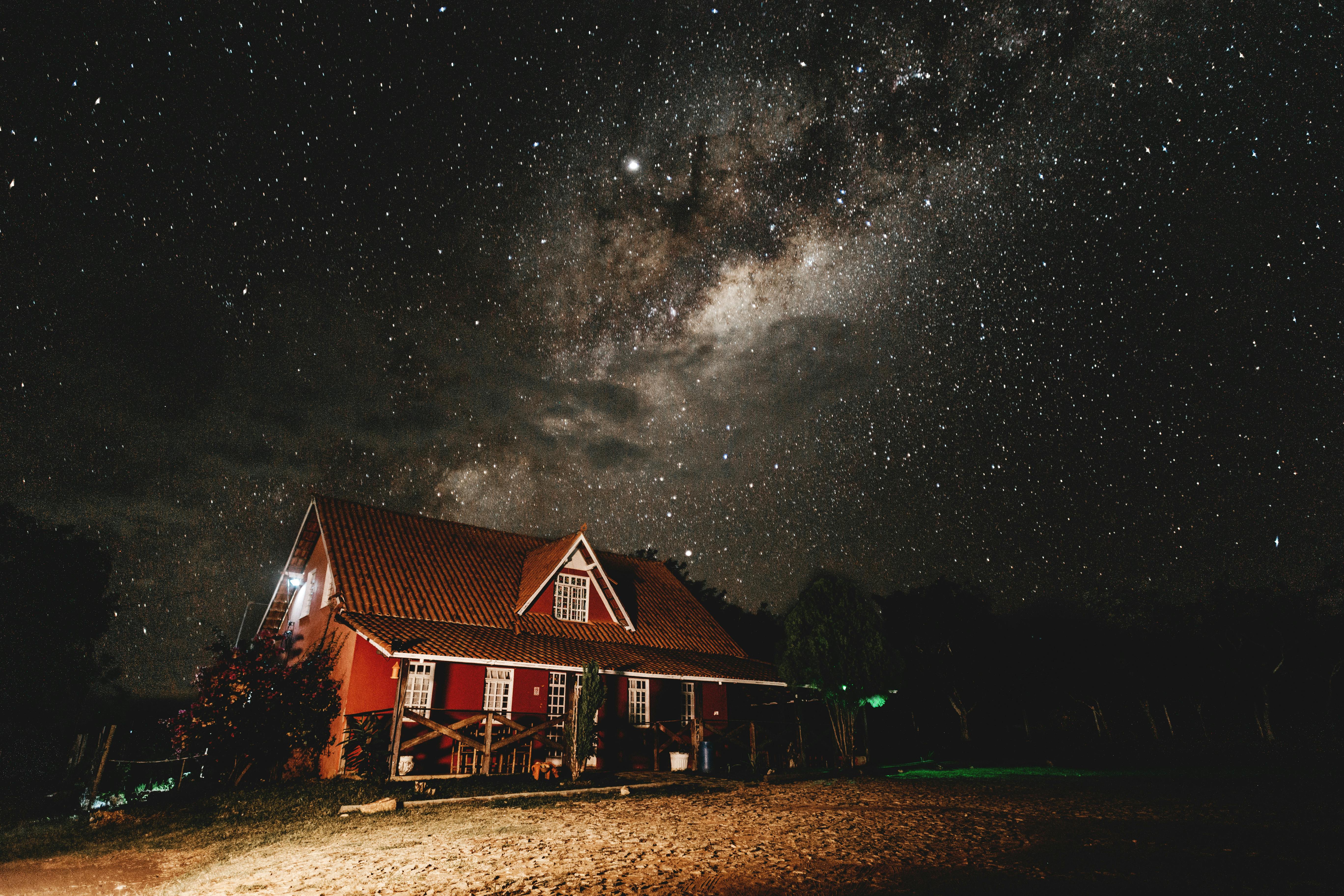 brown cabin photo during starry nighttime