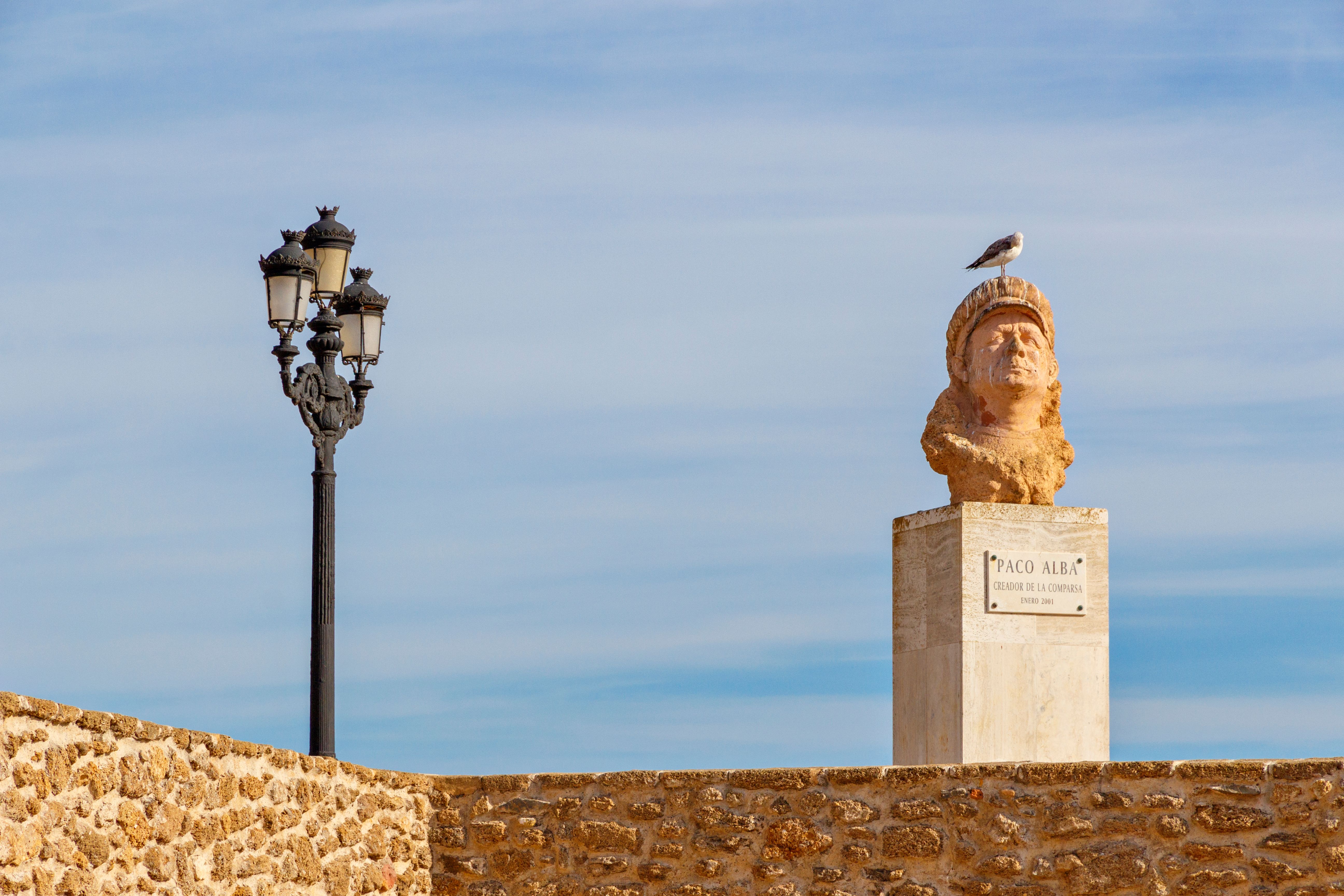 A stone statue in Spain topped with a seagull, set against a historic lamp post under a clear sky.