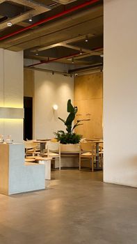Spacious modern cafe interior with minimalist design and natural light accents.