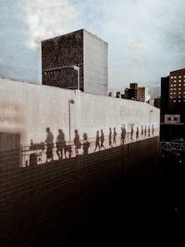 城墙上的人们剪影投射出阴影，与城市摩天大楼形成对抗