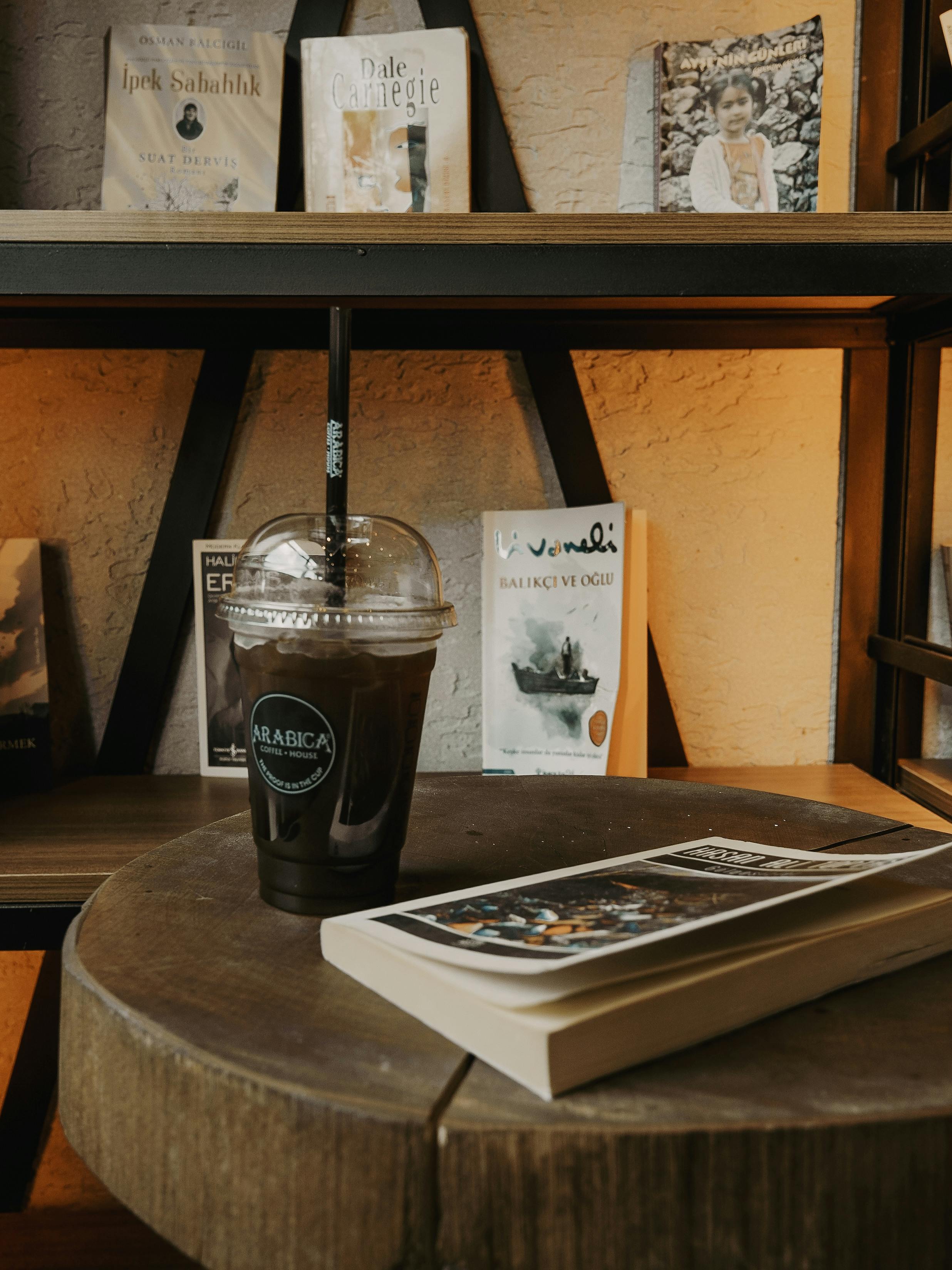 cozy coffee shop with books on shelf