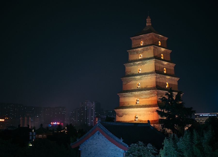 Captivating night view of the illuminated Big Wild Goose Pagoda in Xi'an, China.
