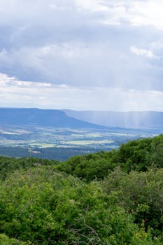 Breathtaking alpine valley landscape with lush greenery and distant mountains under a cloudy sky.