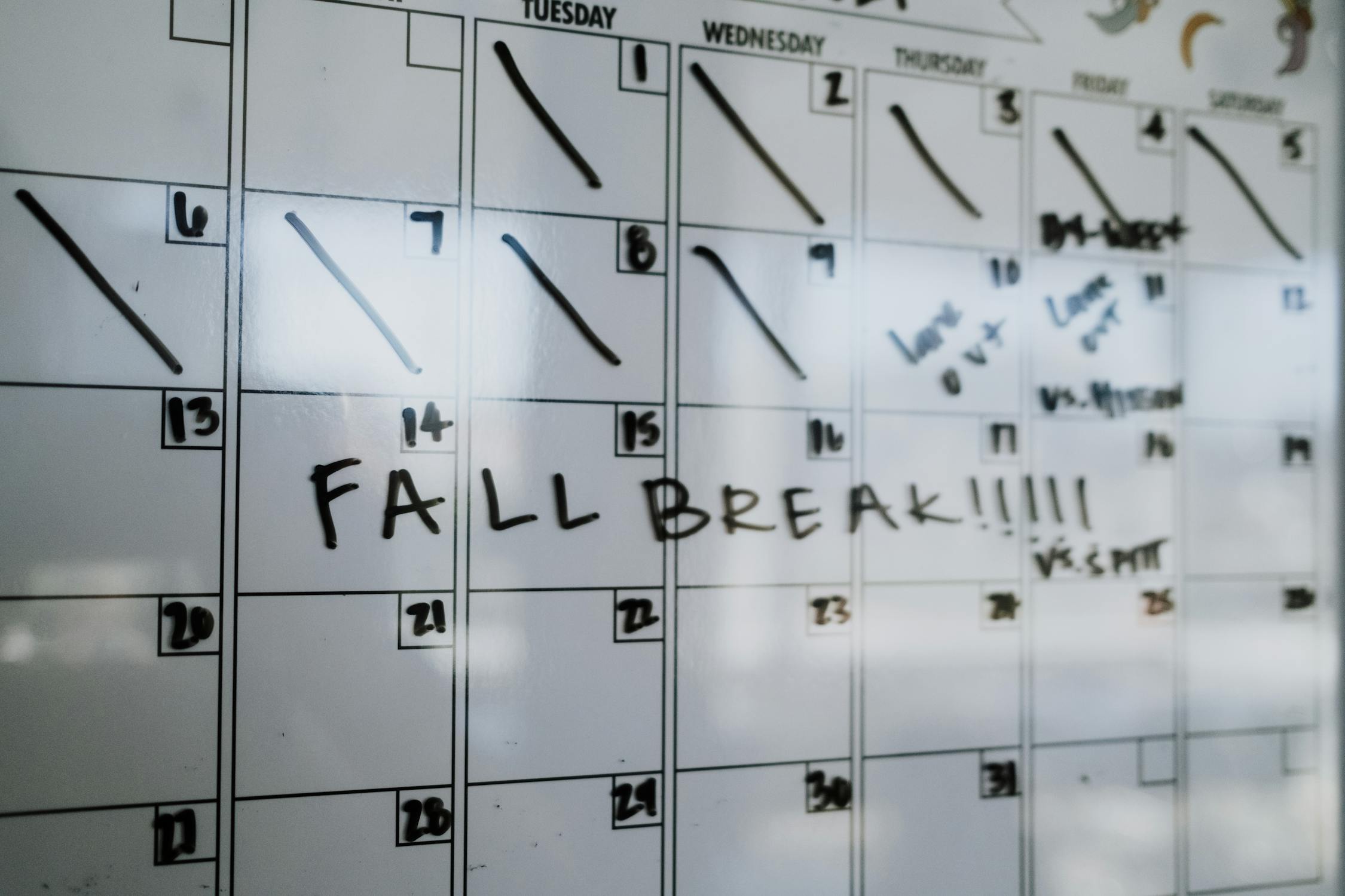 Whiteboard Calendar with Fall Break Highlight · Free Stock Photo