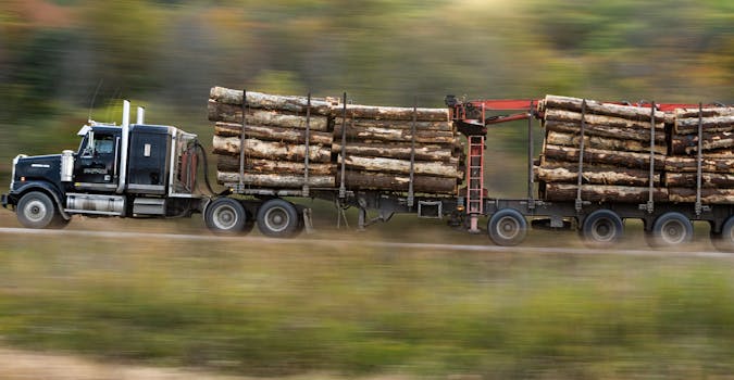 A logging truck transports timber swiftly along a rural highway.