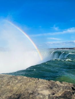Beautiful rainbow stretching over the iconic Niagara Falls under a clear blue sky.