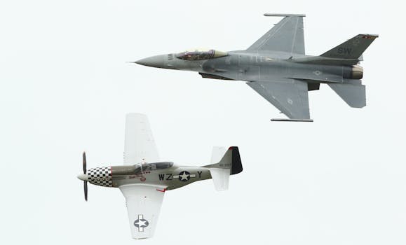 Dynamic aerial display featuring F-16 and P-51 Mustang fighter jets in flight.