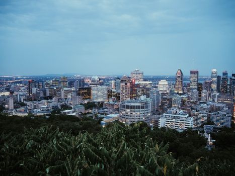 从皇家山俯瞰，黄昏时蒙特利尔的天际线尽收眼底，城市灯光与建筑交相辉映