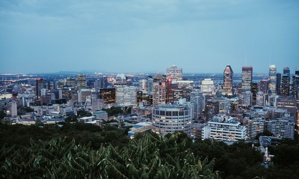 Scenic view of Montreal's skyline at twilight from Mount Royal showcasing city lights and architecture.