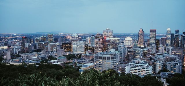 Scenic view of Montreal's skyline at twilight from Mount Royal showcasing city lights and architecture.