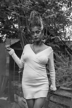 Black and white photo of a woman in Frankenstein's Bride cosplay attire.