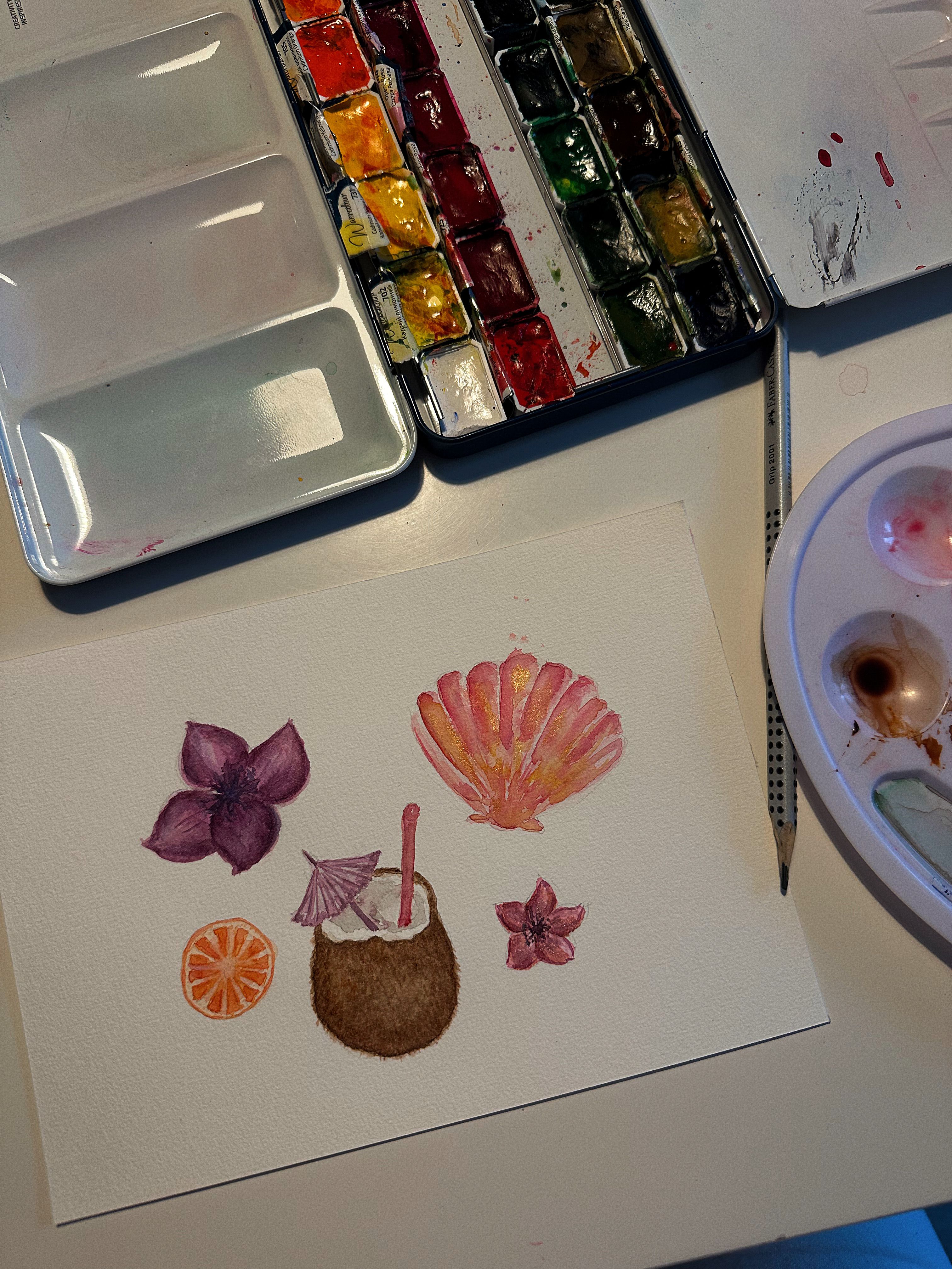 Watercolor art featuring tropical elements like coconut cocktails and seashells.